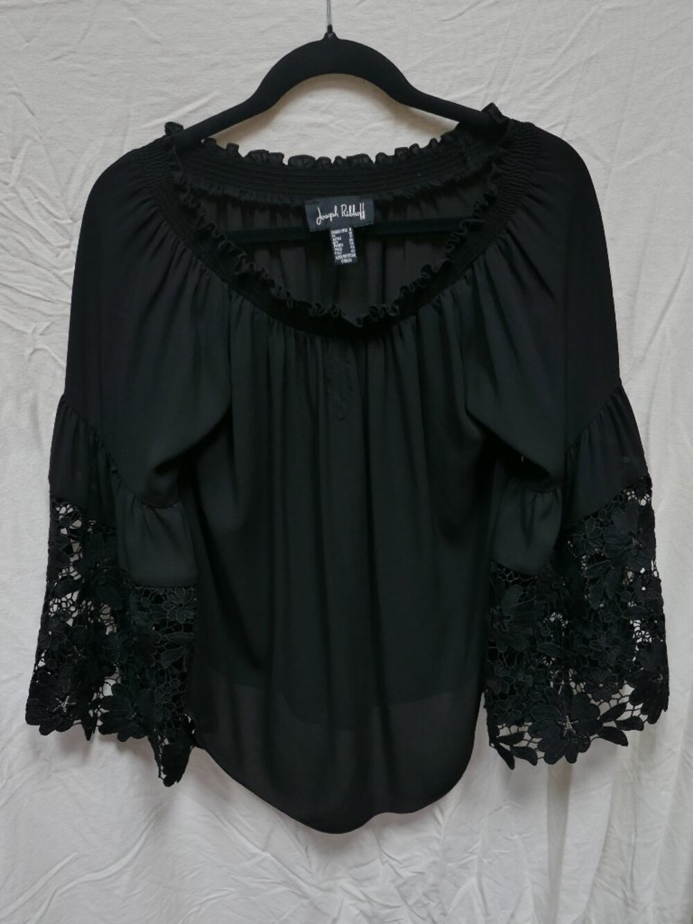 Joseph Ribkoff Black Off-The-Shoulder Blouse with Lace Bell Sleeves Size 8